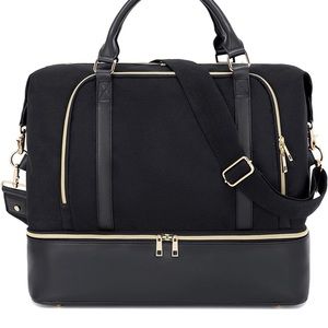 Black duffel bag with gold accents.